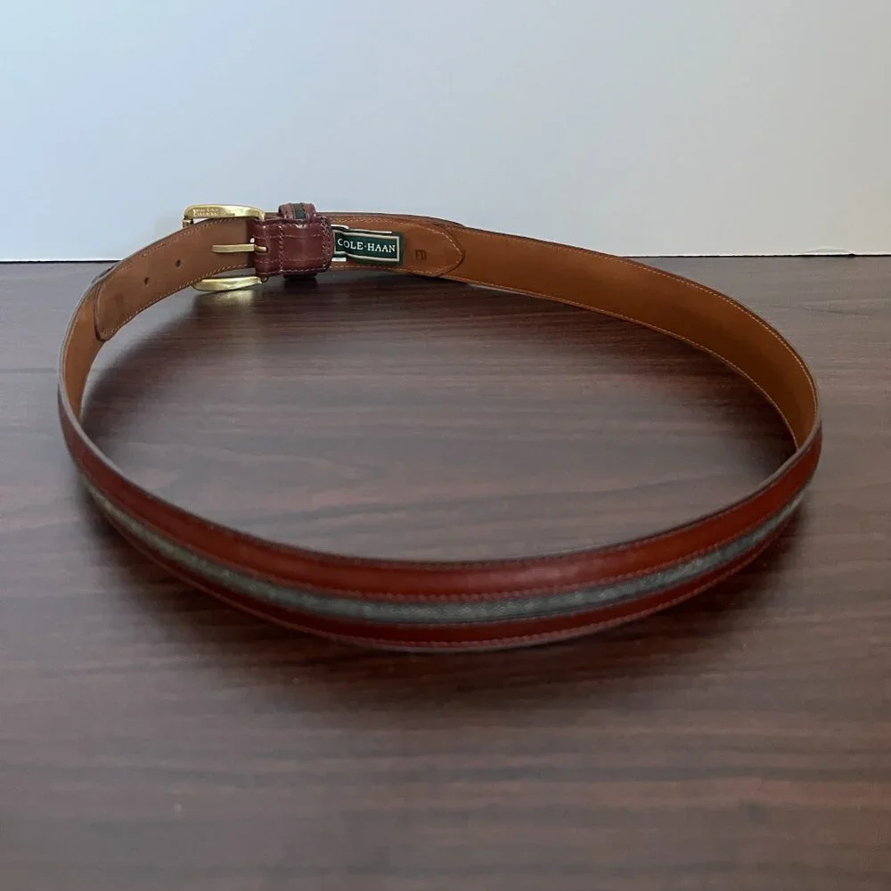 Cole Haan Men’s Brown Grey Leather Brass Buckle Belt Quiet Luxury Sz 36/90